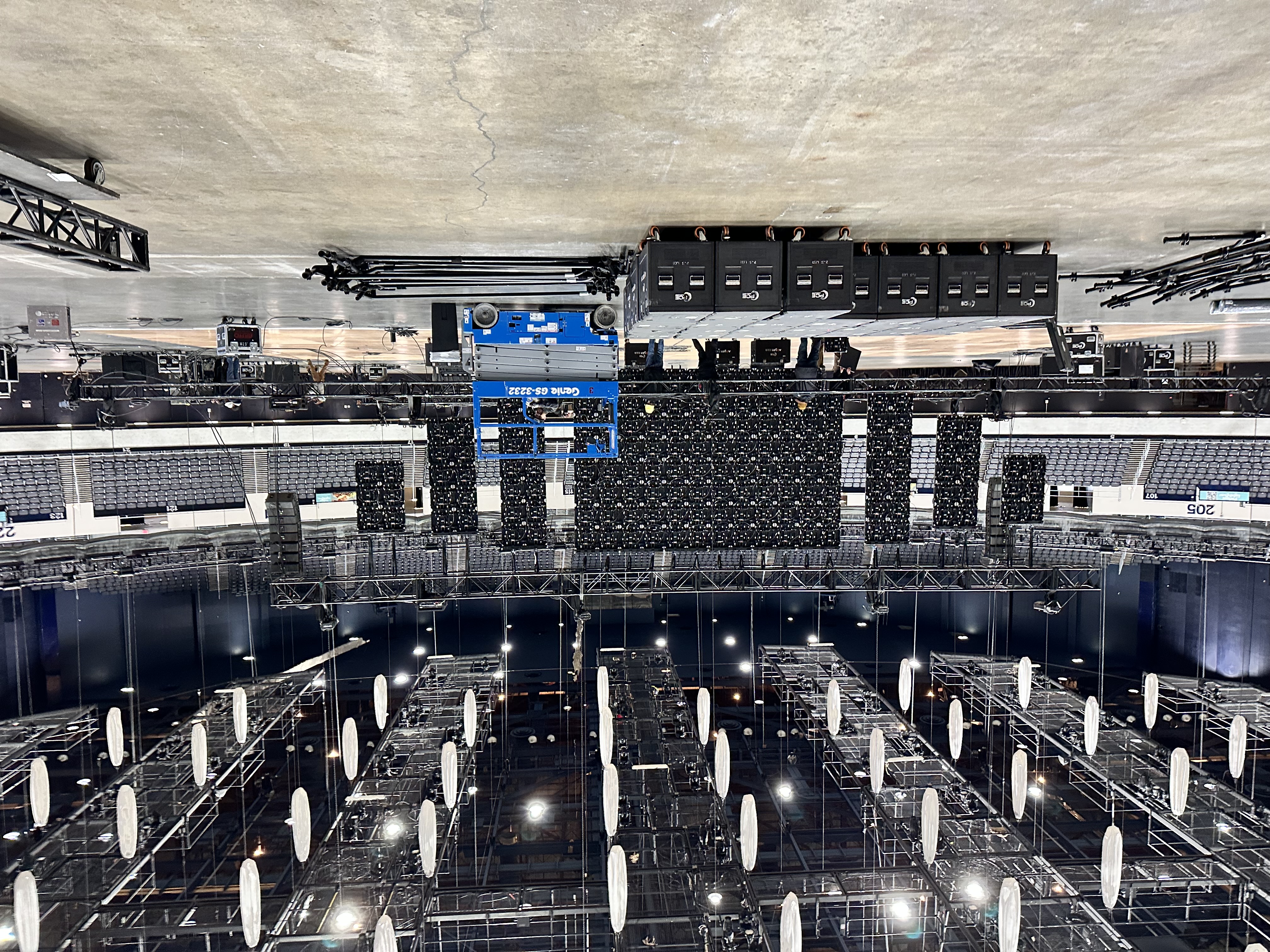 Arena build with LED walls and truss in progress